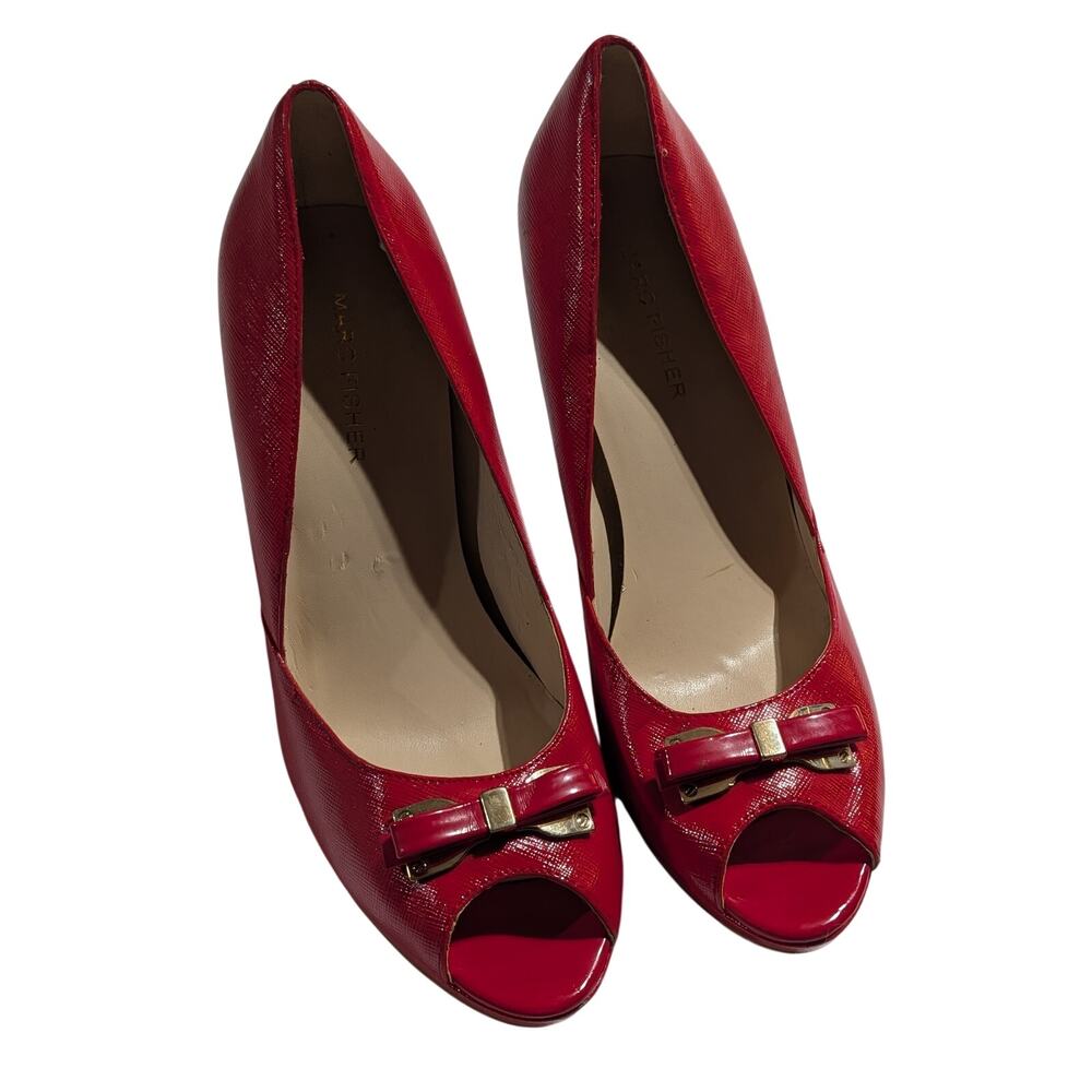 Marc Fisher Red Peep Toe Bow Pumps Women's Size 8.5 Textured Leather Heels
